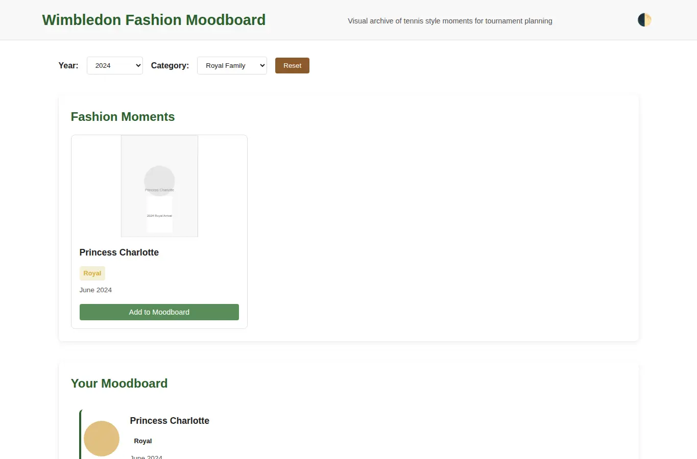 Screenshot of Wimbledon Fashion Moodboard interface showing the project page in use